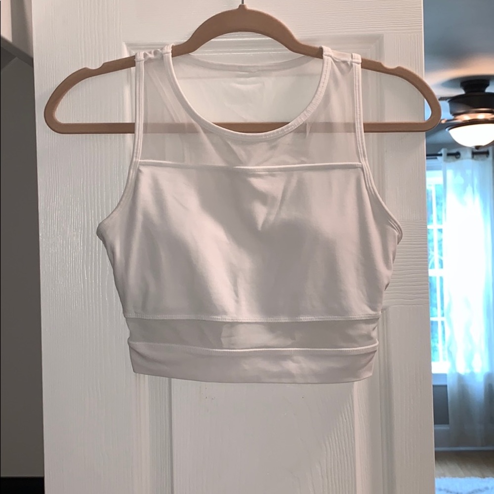 White Crop Workout Top with Mesh Detailing